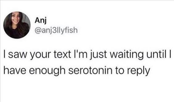 55 Funniest Twitter Quotes Of The Week - Crazy Person Meme “I saw your text I’m just waiting until I have enough serotonin to reply”